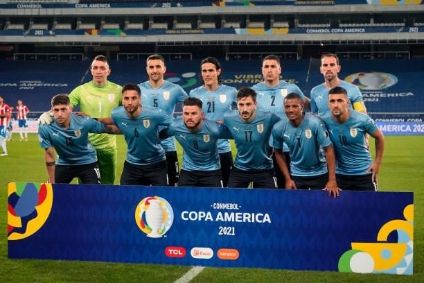 Players of Uruguay pose before a group A match between Uruguay and Paraguay as part of Conmebol Copa America Brazil 2021 at Estadio Olímpico Nilton...