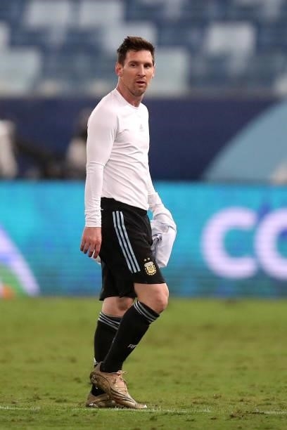 Lionel Messi of Argentina leaves the pitch after the first half during a Group A match between Argentina and Bolivia as part of Copa America 2021 at...