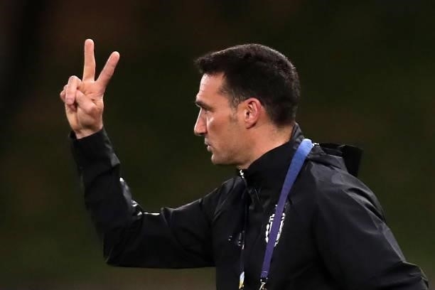 Head coach of Argentina Lionel Scaloni gestures during a Group A match between Argentina and Bolivia as part of Copa America 2021 at Arena Pantanal...