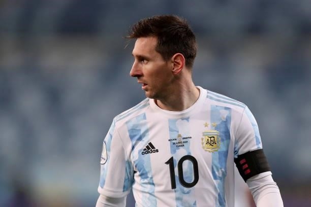 Lionel Messi of Argentina looks on during a Group A match between Argentina and Bolivia as part of Copa America 2021 at Arena Pantanal on June 28,...