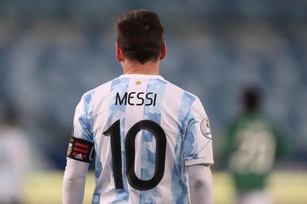 Lionel Messi of Argentina in action during a Group A match between Argentina and Bolivia as part of Copa America 2021 at Arena Pantanal on June 28,...