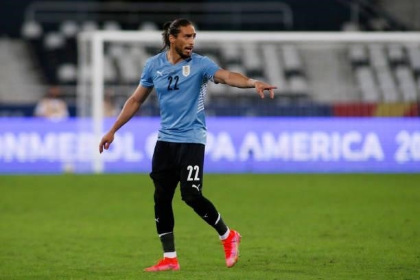 Martín Caceres of Uruguay gestures during a group A match between Uruguay and Paraguay as part of Conmebol Copa America Brazil 2021 at Estadio...