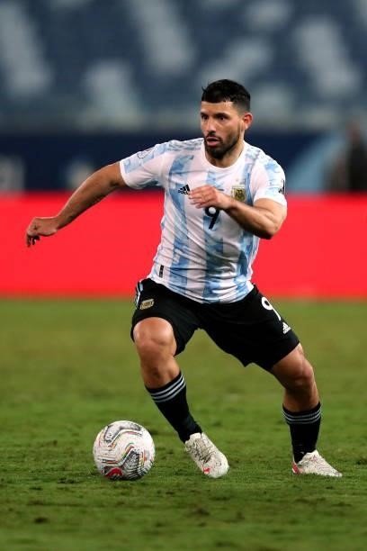 Sergio Agüero of Argentina controls the ball during a Group A match between Argentina and Bolivia as part of Copa America 2021 at Arena Pantanal on...
