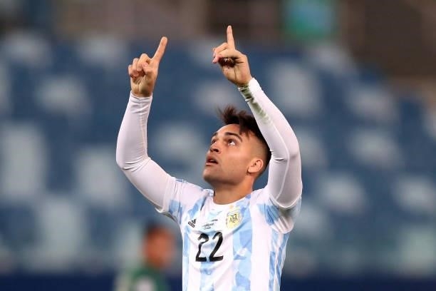 Lautaro Martinez of Argentina celebrates after scoring the fourth goal of his team during a Group A match between Argentina and Bolivia as part of...