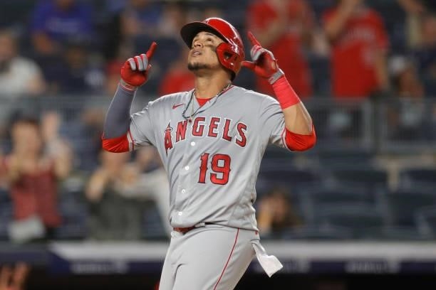 Juan Lagares of the Los Angeles Angels reacts after hitting a solo home run during the sixth inning against the New York Yankees at Yankee Stadium on...