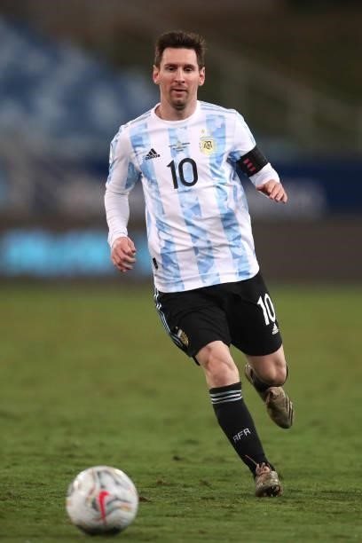 Lionel Messi of Argentina controls the ball during a Group A match between Argentina and Bolivia as part of Copa America 2021 at Arena Pantanal on...
