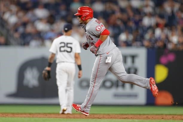 Juan Lagares of the Los Angeles Angels rounds the bases after hitting a solo home run during the sixth inning against the New York Yankees at Yankee...
