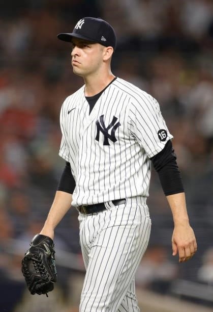 Lucas Luetge of the New York Yankees reacts after coming off the mound during the fifth inning against the Los Angeles Angels at Yankee Stadium on...