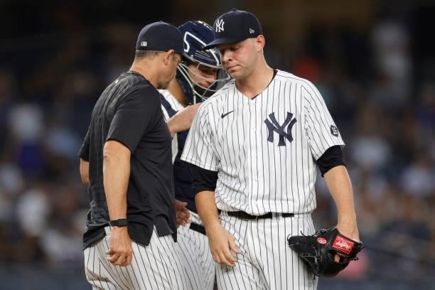 Michael King of the New York Yankees reacts after coming off the mound during the fifth inning against the Los Angeles Angels at Yankee Stadium on...