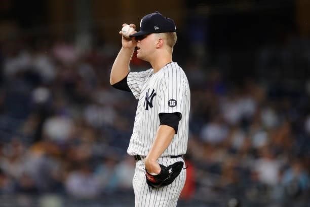 Michael King of the New York Yankees reacts after allowing a run during the fifth inning against the Los Angeles Angels at Yankee Stadium on June 28,...