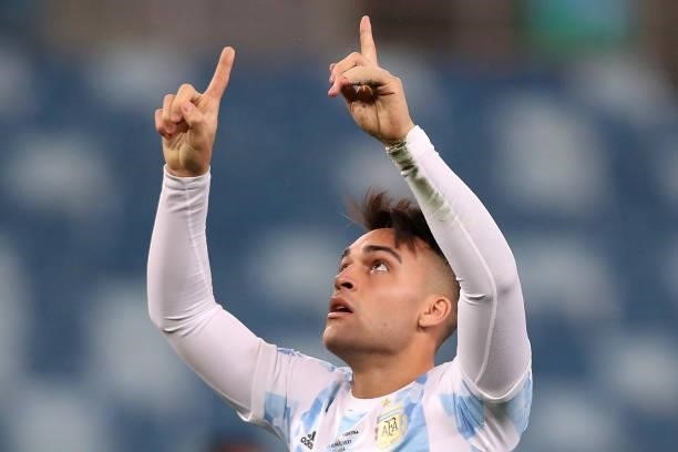Lautaro Martinez of Argentina celebrates after scoring the fourth goal of his team during a Group A match between Argentina and Bolivia as part of...