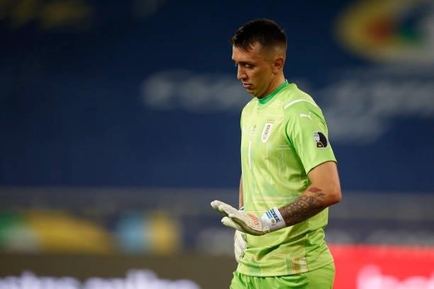 Fernando Muslera goalkeeper of Uruguay gestures during a group A match between Uruguay and Paraguay as part of Conmebol Copa America Brazil 2021 at...