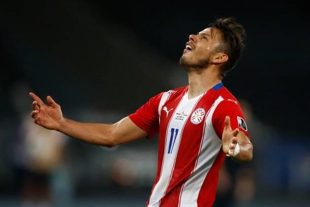 Angel Romero of Paraguay reacts during a group A match between Uruguay and Paraguay as part of Conmebol Copa America Brazil 2021 at Estadio Olímpico...