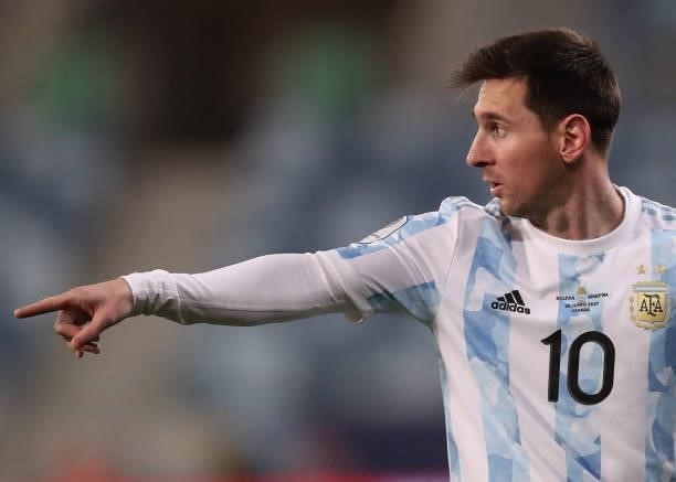 Lionel Messi of Argentina reacts during a Group A match between Argentina and Bolivia as part of Copa America 2021 at Arena Pantanal on June 28, 2021...
