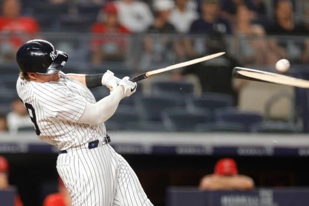 Luke Voit of the New York Yankees breaks his bat as he grounds out during the sixth inning against the Los Angeles Angels at Yankee Stadium on June...