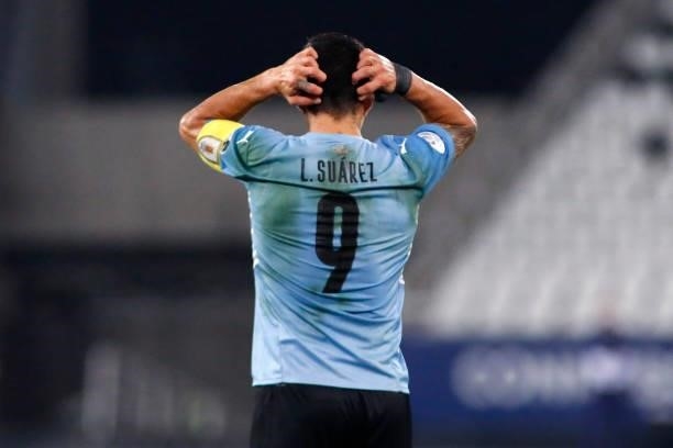 Luis Suarez of Uruguay reacts during a group A match between Uruguay and Paraguay as part of Conmebol Copa America Brazil 2021 at Estadio Olímpico...