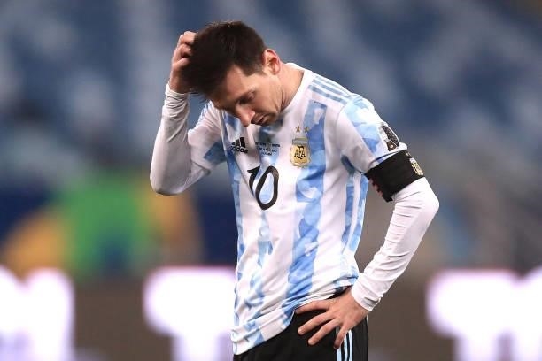 Lionel Messi of Argentina reacts during a Group A match between Argentina and Bolivia as part of Copa America 2021 at Arena Pantanal on June 28, 2021...