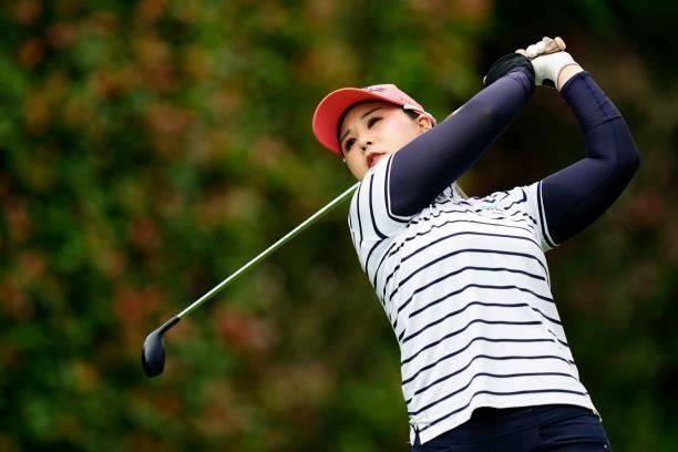 Yoko Ishikawa of Japan hits her tee shot on the 3rd hole during the first round of the Sky Ladies ABC Cup at the ABC Golf Club on June 29, 2021 in...