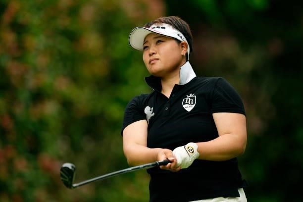 Eriko Tenra of Japan hits her tee shot on the 3rd hole during the first round of the Sky Ladies ABC Cup at the ABC Golf Club on June 29, 2021 in...