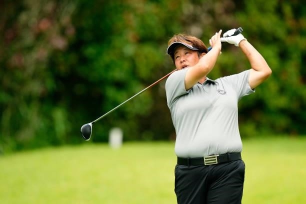 Junko Omote of Japan hits her tee shot on the 3rd hole during the first round of the Sky Ladies ABC Cup at the ABC Golf Club on June 29, 2021 in...
