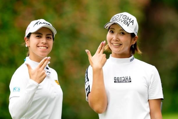 Ririna Staiano and Chiaki Ishiyama of Japan pose on the 3rd hole during the first round of the Sky Ladies ABC Cup at the ABC Golf Club on June 29,...