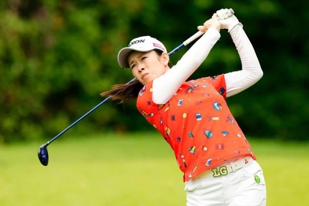 Eriko Kobashi of Japan hits her tee shot on the 3rd hole during the first round of the Sky Ladies ABC Cup at the ABC Golf Club on June 29, 2021 in...