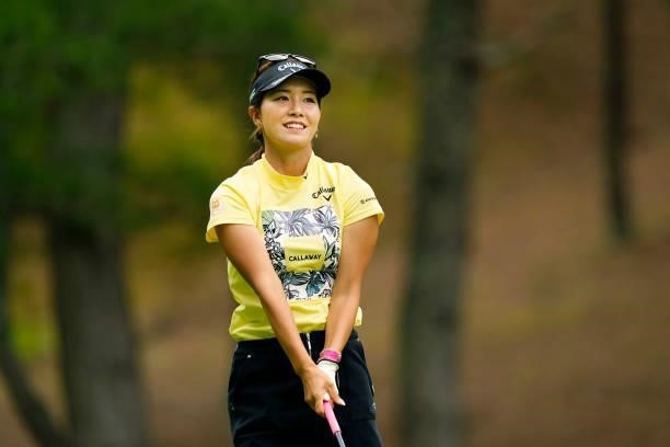Hikari Fujita of Japan reacts after her tee shot on the 4th hole during the first round of the Sky Ladies ABC Cup at the ABC Golf Club on June 29,...