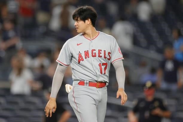 Shohei Ohtani of the Los Angeles Angels looks on after the ninth inning against the New York Yankees at Yankee Stadium on June 28, 2021 in the Bronx...