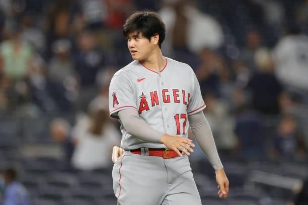 Shohei Ohtani of the Los Angeles Angels looks on after the ninth inning against the New York Yankees at Yankee Stadium on June 28, 2021 in the Bronx...