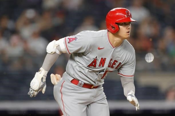 Shohei Ohtani of the Los Angeles Angels runs to first but grounds out during the ninth inning against the New York Yankees at Yankee Stadium on June...