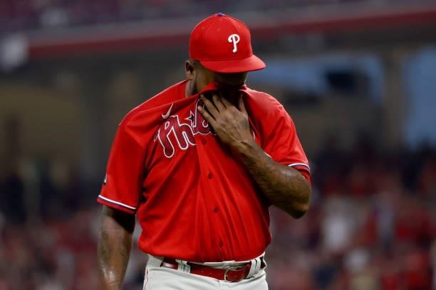 Neftali Feliz of the Philadelphia Phillies walks off the field after the seventh inning against the Cincinnati Reds at Great American Ball Park on...