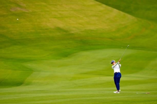 Sae Ogura of Japan hits her second shot on the 5th hole during the first round of the Sky Ladies ABC Cup at the ABC Golf Club on June 29, 2021 in...