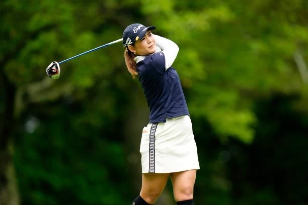 Julia Kurata of Japan hits her tee shot on the 5th hole during the first round of the Sky Ladies ABC Cup at the ABC Golf Club on June 29, 2021 in...
