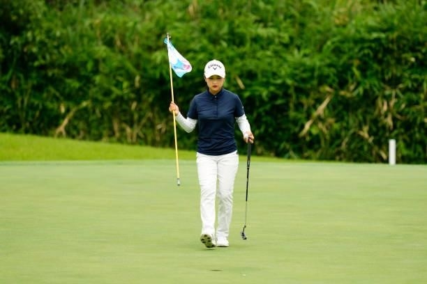 Hana Lee of South Korea returns the pin flag on the 4th green during the first round of the Sky Ladies ABC Cup at the ABC Golf Club on June 29, 2021...