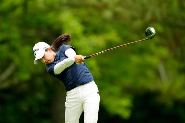 Hana Lee of South Korea hits her tee shot on the 5th hole during the first round of the Sky Ladies ABC Cup at the ABC Golf Club on June 29, 2021 in...