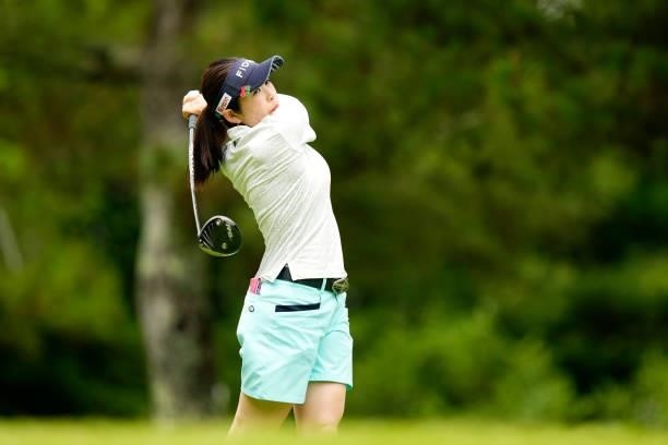 Sumika Nakasone of Japan hits her tee shot on the 5th hole during the first round of the Sky Ladies ABC Cup at the ABC Golf Club on June 29, 2021 in...