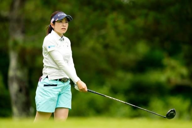 Sumika Nakasone of Japan reacts after her tee shot on the 5th hole during the first round of the Sky Ladies ABC Cup at the ABC Golf Club on June 29,...