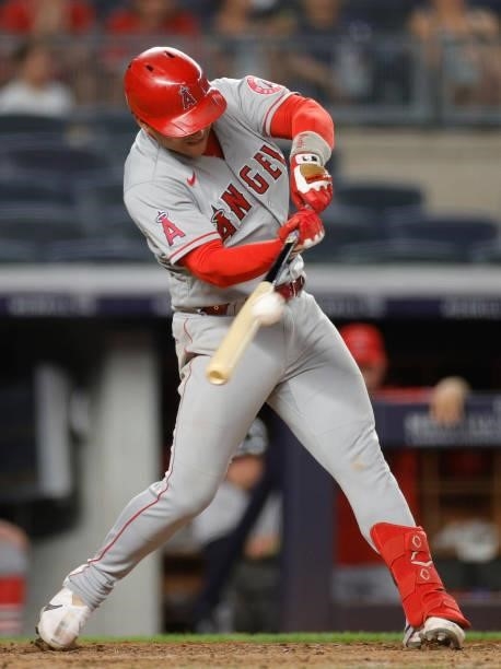 Jose Iglesias of the Los Angeles Angels hits an RBI double during the eighth inning against the New York Yankees at Yankee Stadium on June 28, 2021...