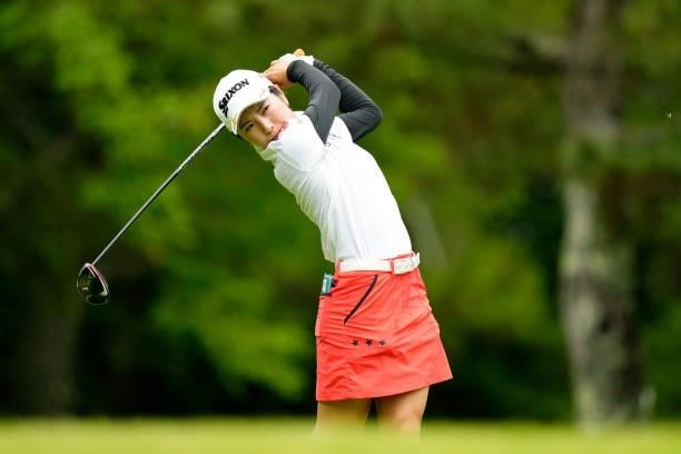 Hiromu Ono of Japan hits her tee shot on the 5th hole during the first round of the Sky Ladies ABC Cup at the ABC Golf Club on June 29, 2021 in Kato,...