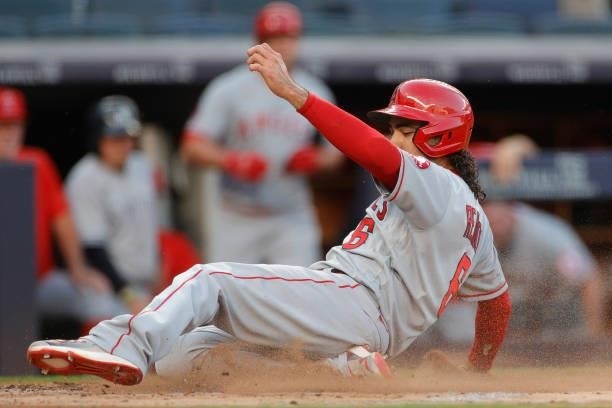 Anthony Rendon of the Los Angeles Angels scores on an RBI double hit by Jared Walsh during the first inning against the New York Yankees at Yankee...