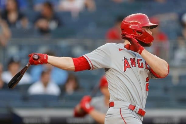 Jared Walsh of the Los Angeles Angels hits an RBI double during the first inning against the New York Yankees at Yankee Stadium on June 28, 2021 in...