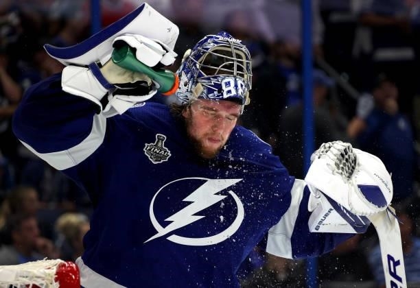 Goaltender Andrei Vasilevskiy of the Tampa Bay Lightning waters down while playing against the Montreal Canadiens 5-1 in Game One of the 2021 Stanley...