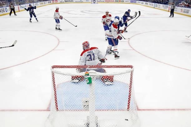 Carey Price of the Montreal Canadiens reacts after a goal by Nikita Kucherov of the Tampa Bay Lightning during the third period in Game One of the...