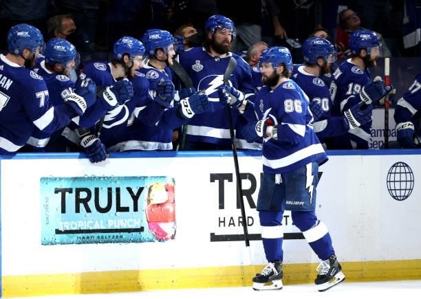 Nikita Kucherov of the Tampa Bay Lightning celebrates his goal against the Montreal Canadiens with teammates during the third period of Game One of...