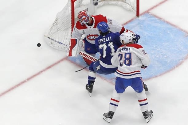 Carey Price of the Montreal Canadiens makes the save against Anthony Cirelli of the Tampa Bay Lightning during the second period in Game One of the...