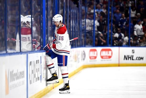 Jesperi Kotkaniemi of the Montreal Canadiens steps into the box after his high sticking penalty on the Tampa Bay Lightning during third period of...