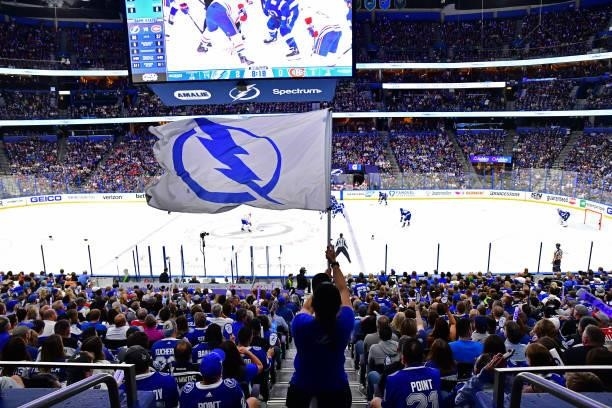 Tampa Bay Lightning flag is waved in Game One of the 2021 NHL Stanley Cup Final between the Tampa Bay Lightning and the Montreal Canadiens at Amalie...