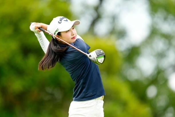 Hana Lee of South Korea hits her tee shot on the 9th hole during the first round of the Sky Ladies ABC Cup at the ABC Golf Club on June 29, 2021 in...