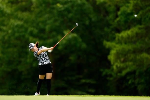 Kaori Aoyama of Japan hits her second shot on the 9th hole during the first round of the Sky Ladies ABC Cup at the ABC Golf Club on June 29, 2021 in...