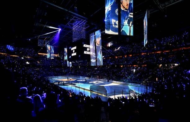 General view of the ice is seen before the start of the second period of Game One of the 2021 Stanley Cup Final between the Montreal Canadiens and...